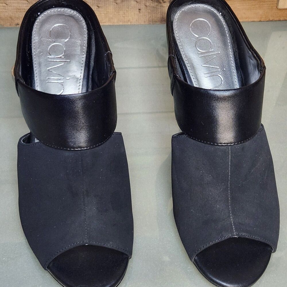 Calvin Klein Black Open Toe Mule Heels Womens Size 9.5 Suede Stiletto - Picture 4 of 9